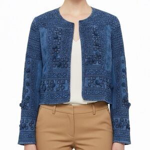 NWT Soft Surroundings Theodora Bolero Jacket Crop Dip Dye Blue Bead Pom Pom Sz S
